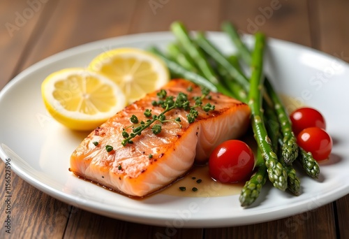 Seared salmon steak with green bean and lemons on wooden table 