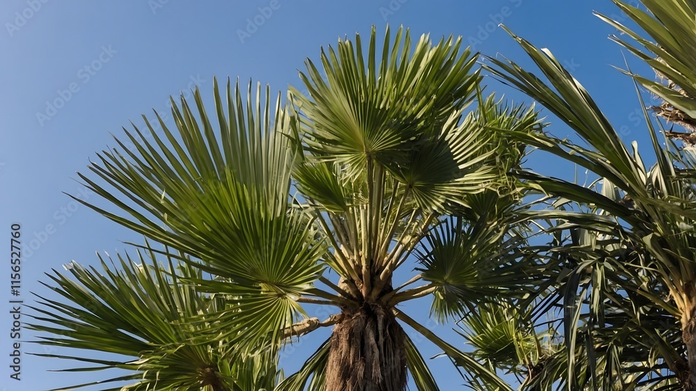 Fototapeta premium Nature's Architecture: Close-Up of the Fibrous Trunk and Radiating Leaves of Trachycarpus Fortunei