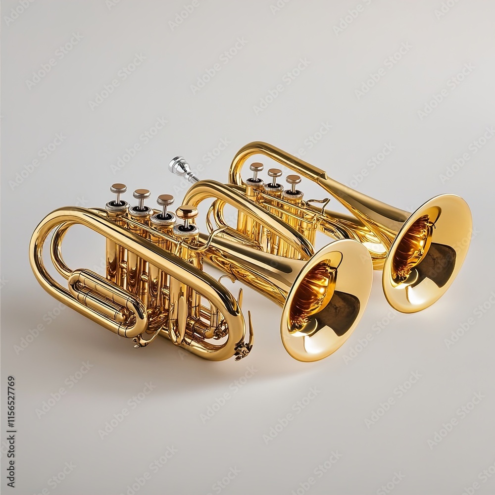 Naklejka premium Golden Trumpets: Musical Instruments, Brass Band, Melody