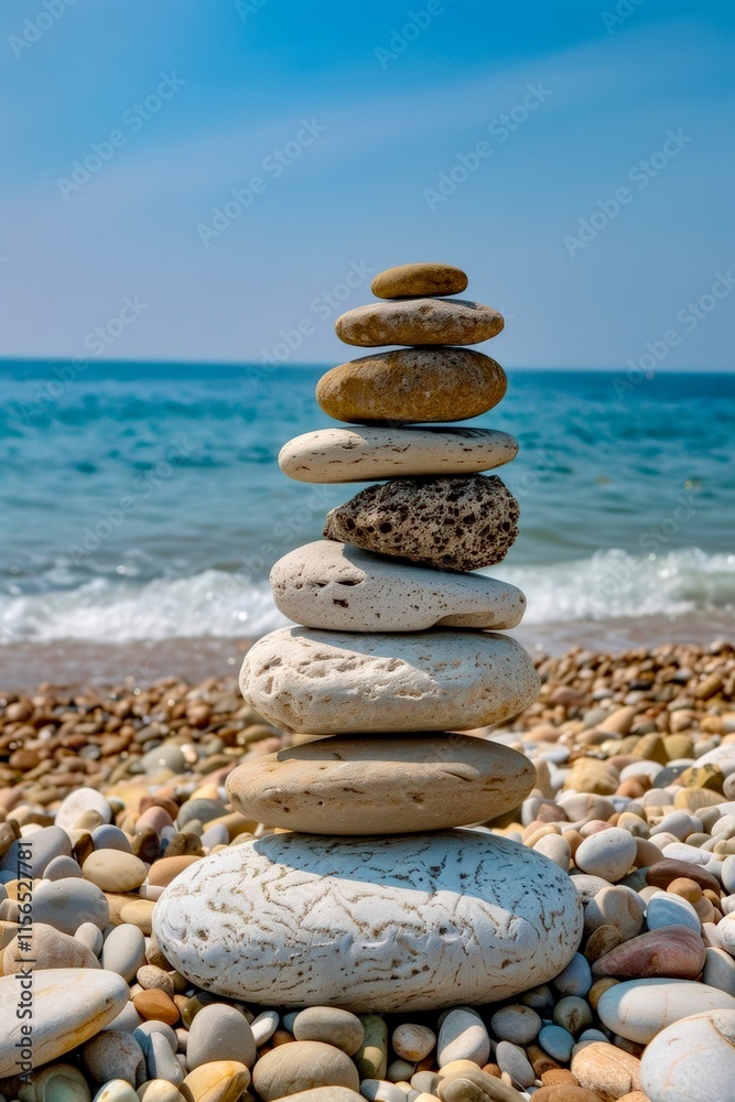 Natural stone stack on a beach with gentle waves in the background during a clear sunny day Natural stone stack on a beach with gentle waves in the background during a clear sunny day