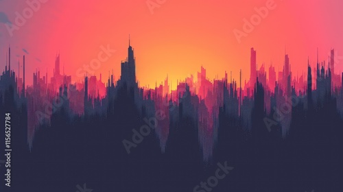 Silhouette of a city skyline at sunset, with a vibrant orange and red sky.