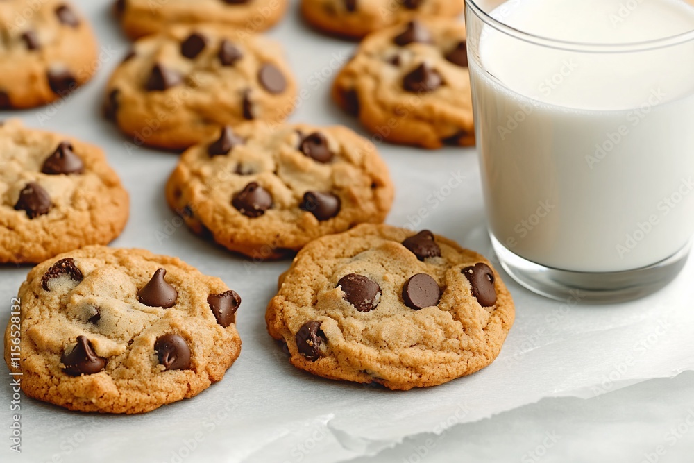 Freshly baked chocolate chip cookies with a glass of milk.