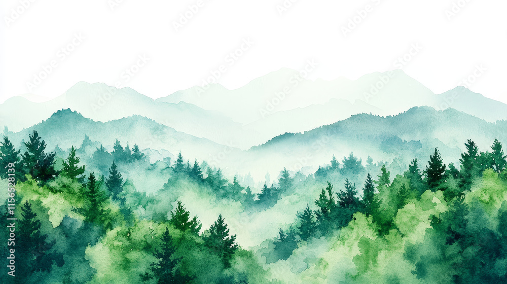 Fototapeta premium Serene watercolor painting of lush green forest landscape