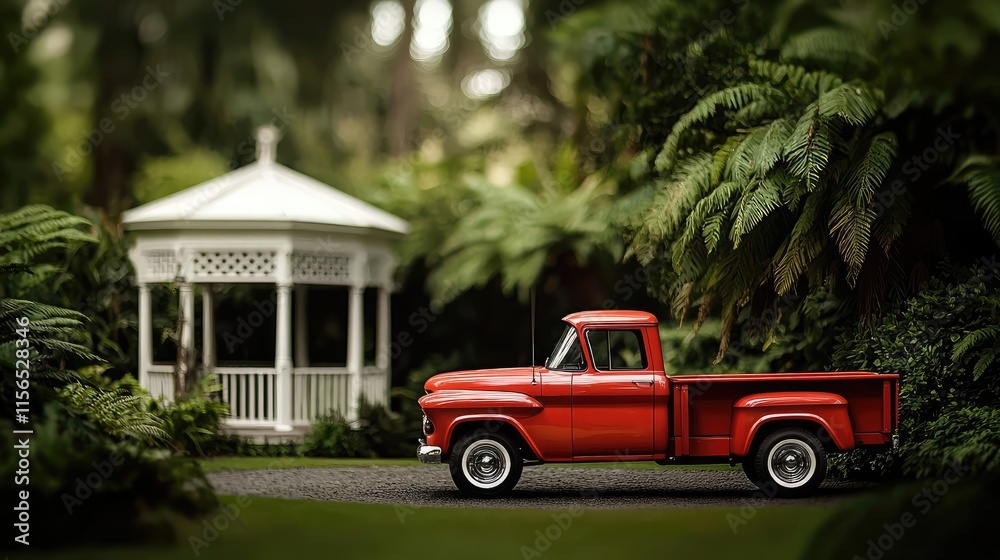 Fototapeta premium Gazebo truck idea. A vibrant red vintage truck parked near a charming gazebo in a lush green setting.