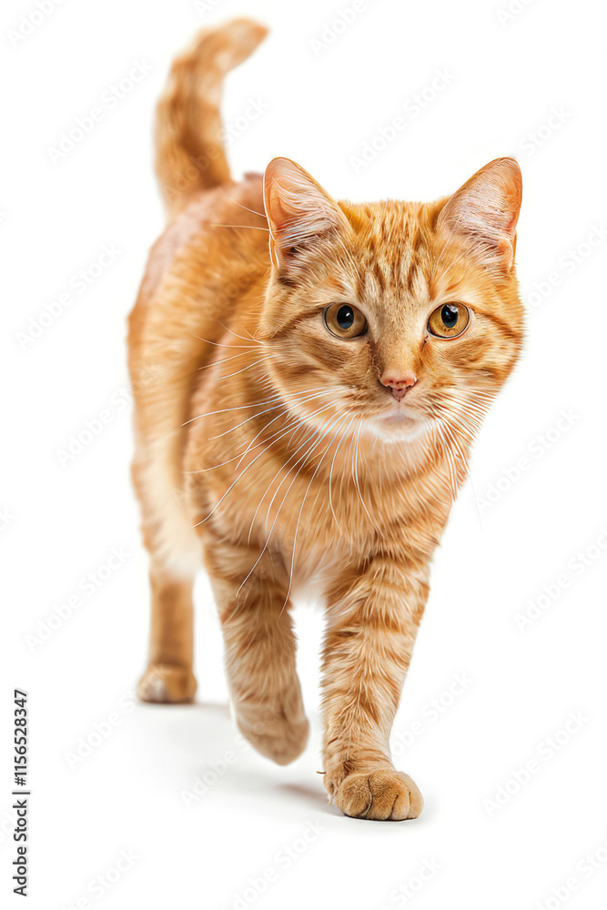 A playful orange tabby cat walking towards the camera against a white background. A playful orange tabby cat walking towards the camera against a white background.