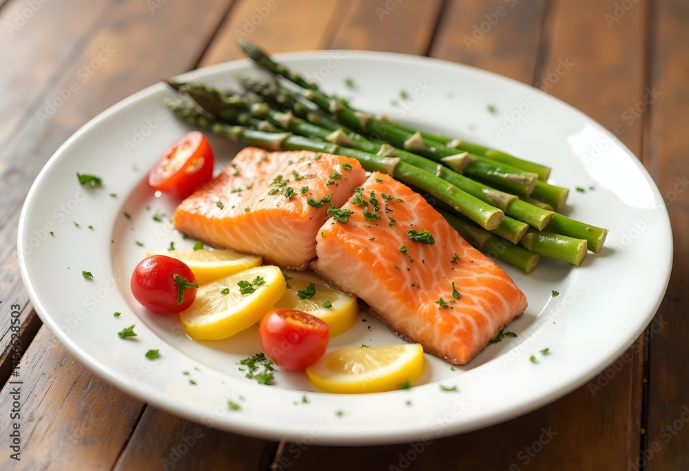 Seared salmon steak with green bean and lemons on wooden table
Seared salmon steak with green bean and lemons on wooden table