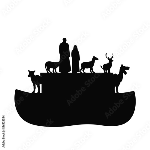 Noah and his family aboard the ark with animals during the biblical flood