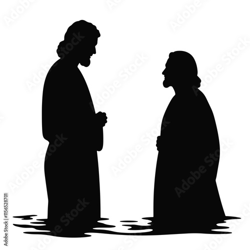 Encounter between Jesus and John the Baptist during baptism in the River Jordan in biblical storytelling