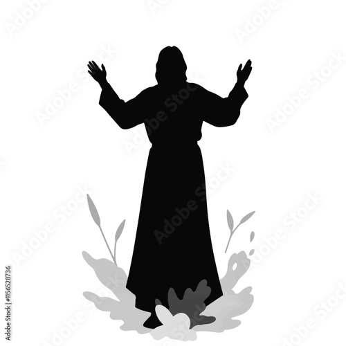 Religious figure raising hands in prayer surrounded by nature