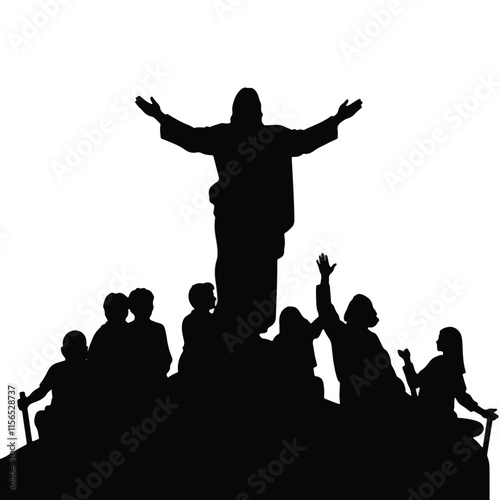 Silhouette depiction of a biblical scene with figures gathered around a central figure with outstretched arms