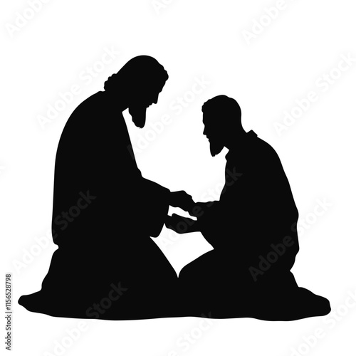 Jesus kneels to heal the sick man in biblical setting, showcasing compassion and miracle