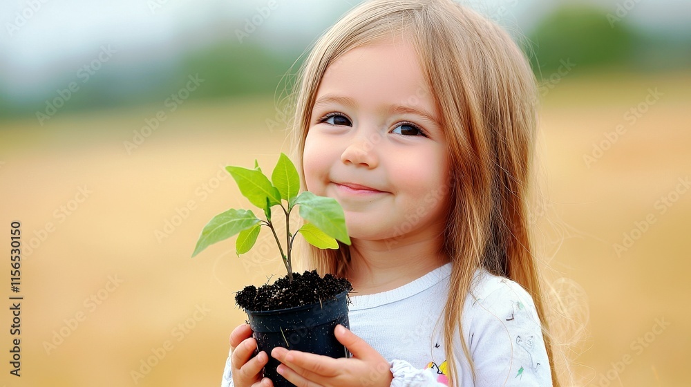 Young Girl Holding a Small Potted Plant Smiling in a Bright Outdoor Field Surrounded by Nature During a Sunny Day Young Girl Holding a Small Potted Plant Smiling in a Bright Outdoor Field Surrounded by Nature During a Sunny Day