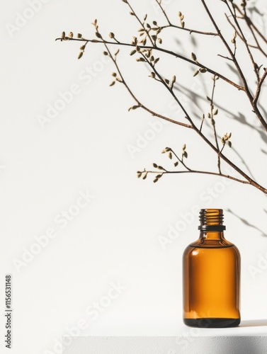 Minimalist Glass Serum Bottle with Natural Elements and Soft Light and Shadow photo