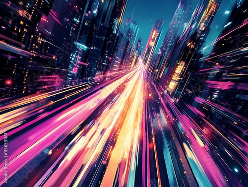 Fast motion vehicle lights trail in modern city cyberpunk pink and blue illustration with skyscrapers and cityscape view wallpaper