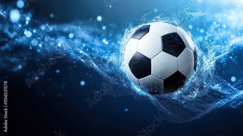 A dynamic soccer ball in motion, surrounded by swirling blue light effects.