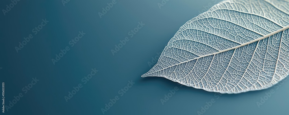 Obraz premium Foliage abstract background idea. A detailed close-up of a leaf showcasing intricate patterns and textures on blue backdrop.
