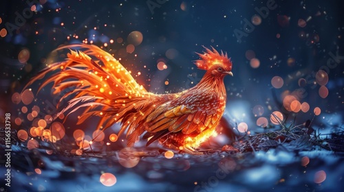 Fiery rooster with glowing feathers in a winter forest scene.