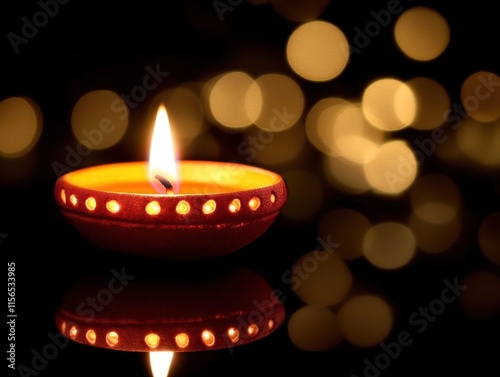 Illuminated Clay Diya Lamp with Warm Background Lights photo