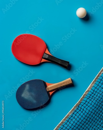 Two table tennis paddles resting on a bright blue surface with a white ball nearby, ready for a friendly match