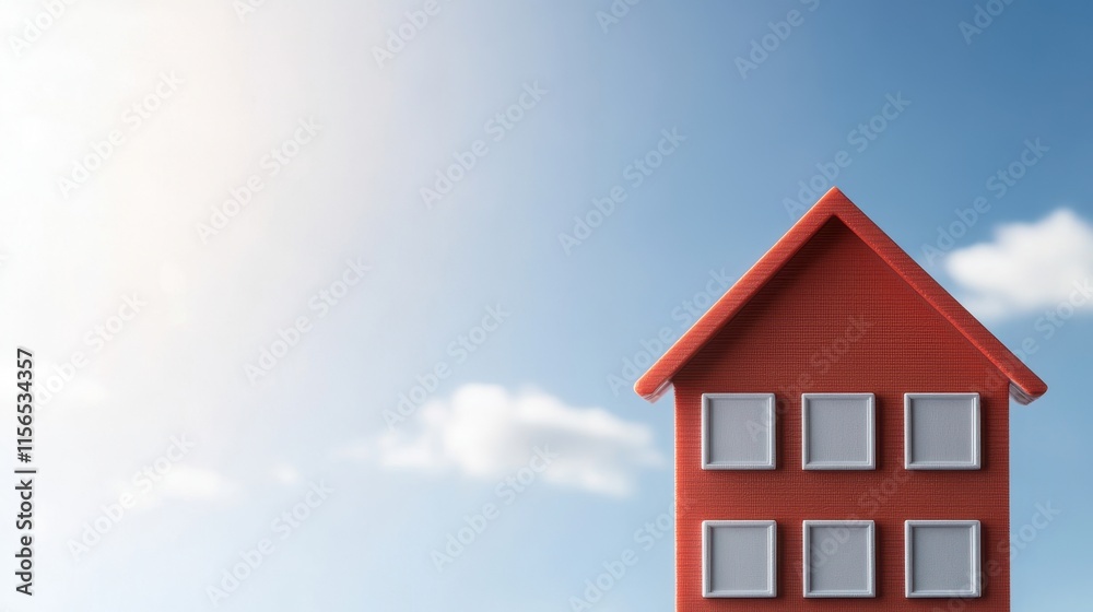 Home Loan Concept: Red house model against a clear sky with clouds. Home Loan Concept: Red house model against a clear sky with clouds.