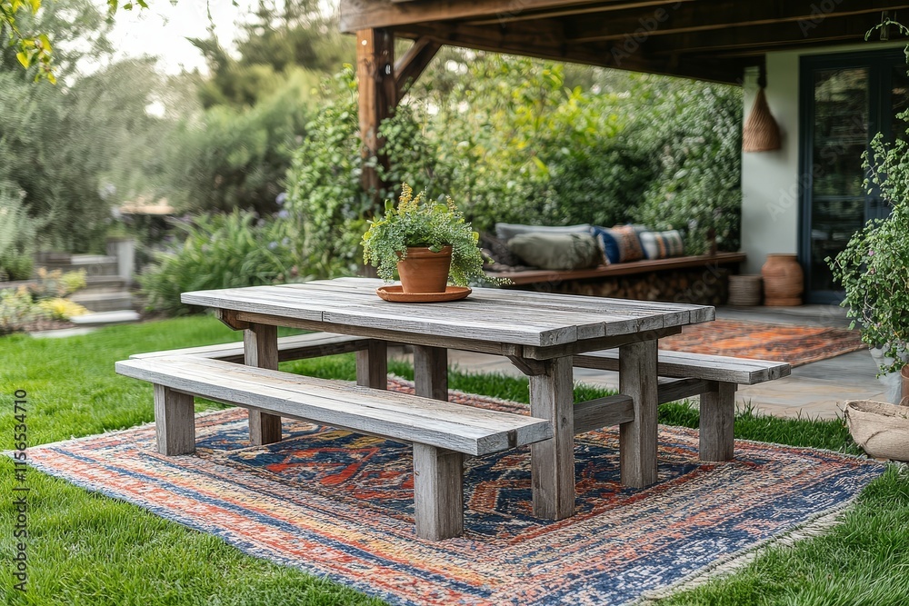 Gray wood outdoor patio dining table with two bench seats on grass, boho-style rug in the background, natural lighting, home decor. Gray wood outdoor patio dining table with two bench seats on grass, boho-style rug in the background, natural lighting, home decor.