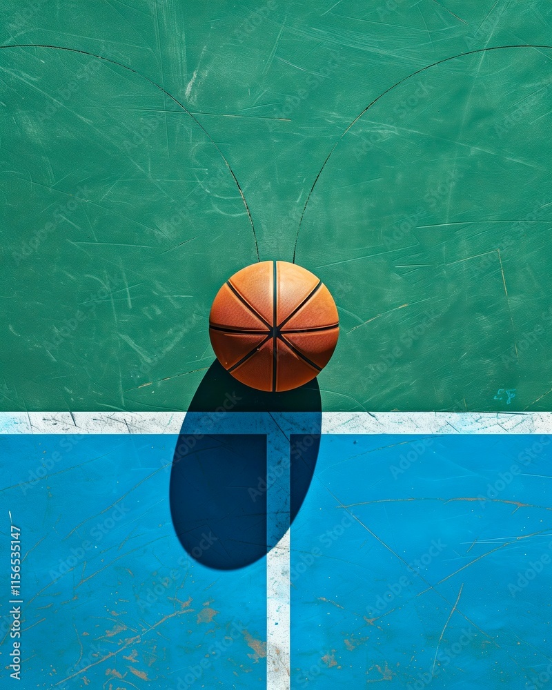 Obraz premium A close-up view of a basketball bouncing on a colorful court during daylight in an outdoor sports facility