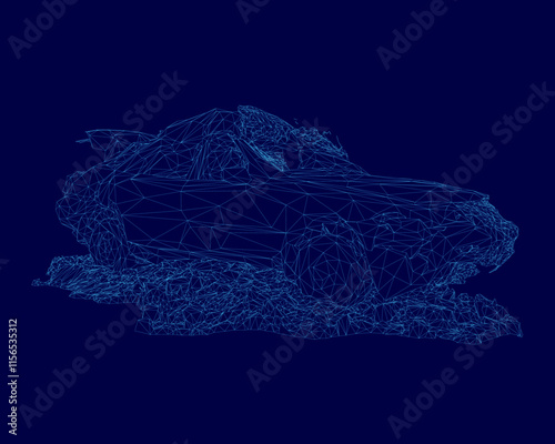 Car is shown in a blue background with a lot of detail. The car is a sports car and is shown in a wet environment. Scene is one of excitement and adventure