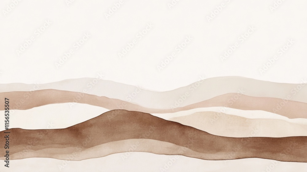 Obraz premium An abstract watercolor painting featuring horizontal lines in various shades of brown and beige, creating a layered effect. The lines appear to represent a stylized landscape or waves.