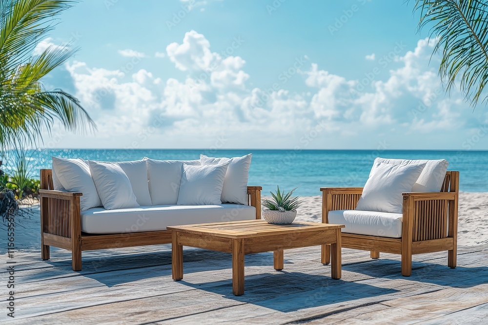 Naklejka premium Outdoor furniture set with sofa, two chairs, and coffee table, natural wood finish and white cushions, beach background, summer collection.