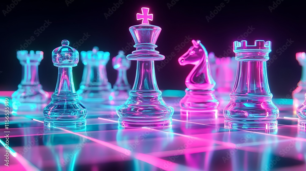 Chess pieces with neon lights on the board, strategy and hobbies, lightful cyberpunk theme chessboard Chess pieces with neon lights on the board, strategy and hobbies, lightful cyberpunk theme chessboard