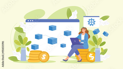 A futuristic illustration showcasing blockchain coding and cryptocurrency transactions with secure digital wallets and smart contracts.