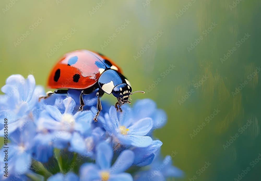 Fototapeta premium Macro photography of a ladybug on a blue flower, with clean, sharp focus and no depth blur effect. The beautiful green background complements the subject. Captured with a macro lens.