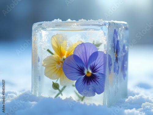 A colorful display of violets and pansies encased in ice resting on a snowy landscape during the winter season photo