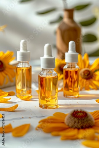 Bottles of essential oil surrounded by vibrant yellow flowers on a bright, sunlit surface in a cozy indoor setting