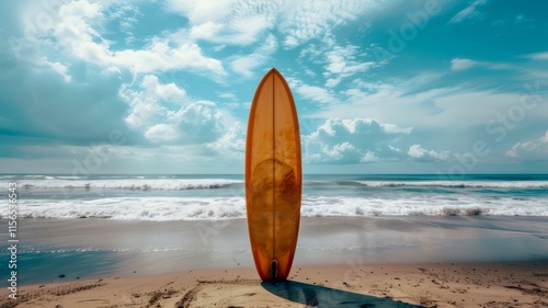 A vintage surfboard stands upright on the sandy shore under a bright blue sky with fluffy clouds and gentle ocean waves in the background