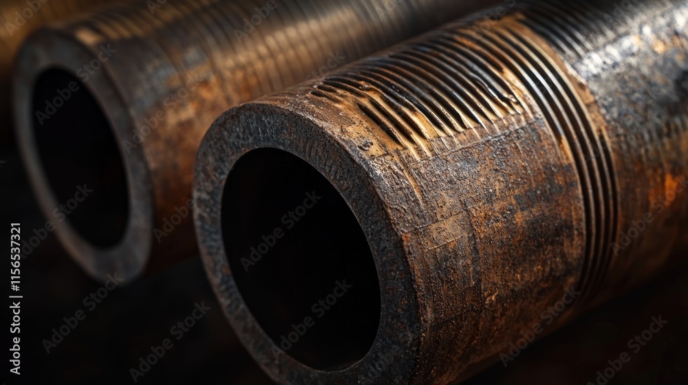 Close-up of the threading on a pipe's end, sharp metallic grooves under dramatic lighting Close-up of the threading on a pipe's end, sharp metallic grooves under dramatic lighting