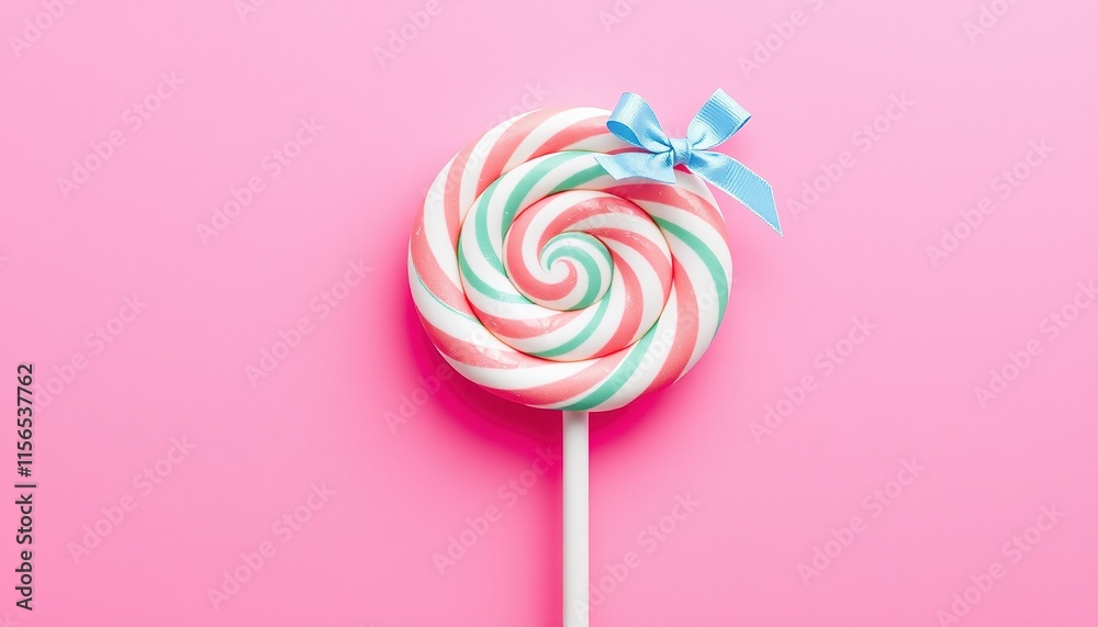 lollipop with a mint and white spiral design, topped with a delicate blue ribbon bow, set against a vibrant, bright pink background lollipop with a mint and white spiral design, topped with a delicate blue ribbon bow, set against a vibrant, bright pink background