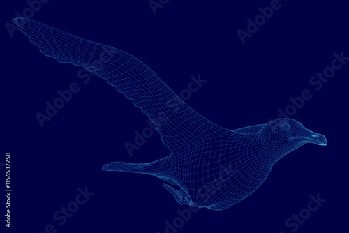 Bird is flying in the sky with a blue background. The bird is in a 3D form, which gives it a sense of depth and realism. The image conveys a feeling of freedom and movement