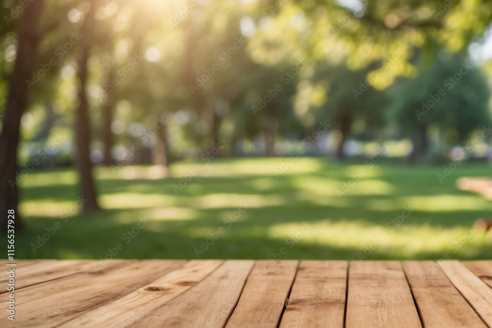 Wooden table under sunlight with a blurred green park in the background Wooden table under sunlight with a blurred green park in the background