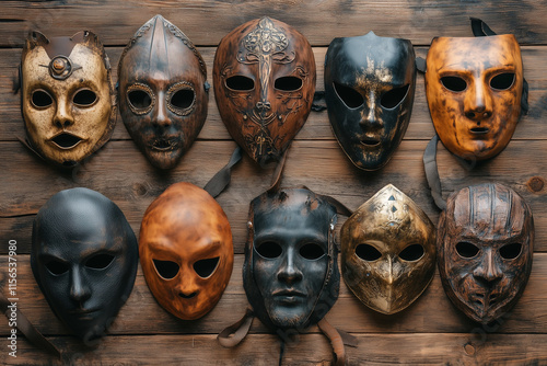 .Various medieval leather carnival masks on a wooden table background.. photo