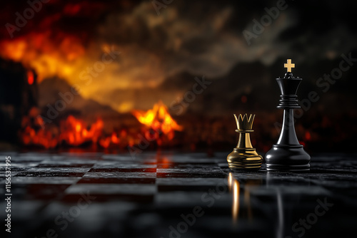 Chess queen and a toppled pawn on a chessboard background... photo