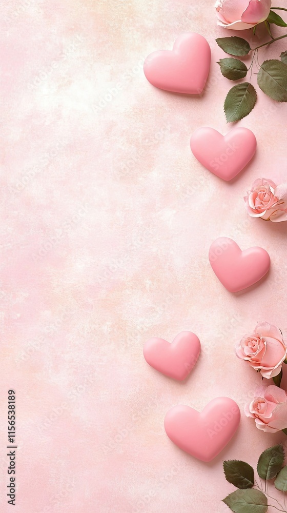 Fototapeta premium Pink hearts and roses. Romantic background.