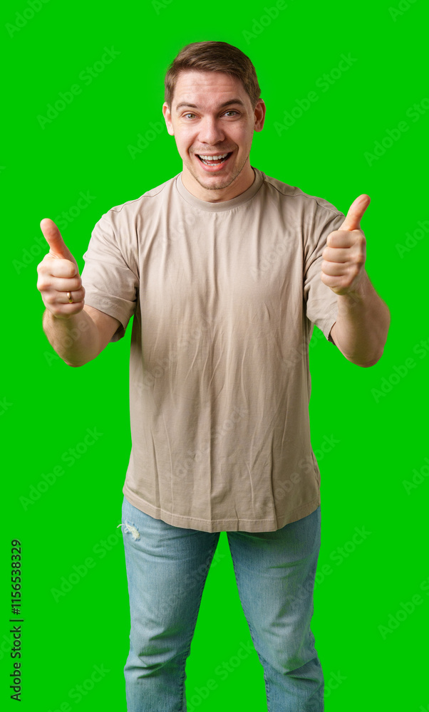 A man in a beige shirt gives a thumbs up while standing against a green background A man in a beige shirt gives a thumbs up while standing against a green background