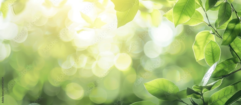 Fototapeta premium Sunlit green leaves bokeh background.