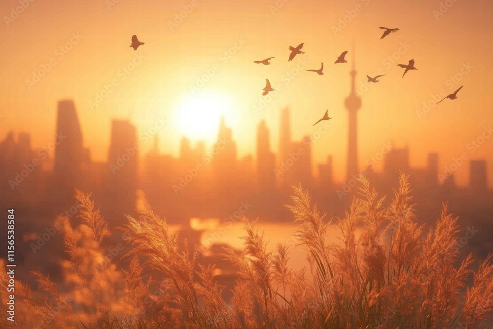 Fototapeta premium Golden Sunrise Cityscape with Birds in Flight