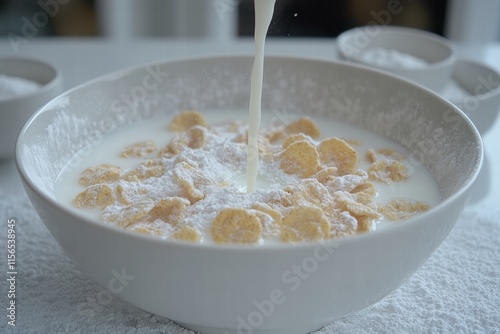 Milk Pouring into Bowl of Sugar-Coated Cereal