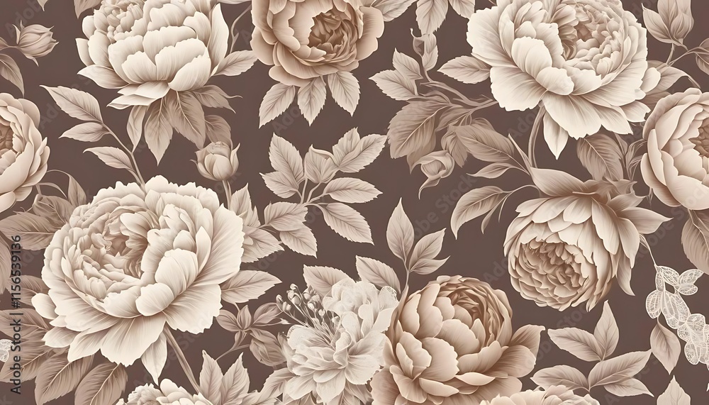 Fototapeta Vintage floral seamless pattern with roses, peonies, and delicate lace accents in sepia and muted pastel tones