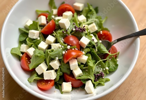 Salad with cheese, olives, tomtoes and cucumber in a bowl. Healthy food.
 photo