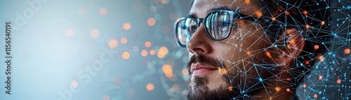 Thoughtful Man with Glasses and Digital Connections in Background