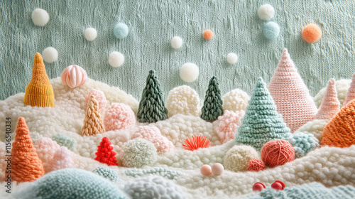 A knitted scene of a snowy landscape with trees and pom poms